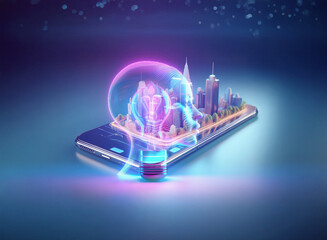 Poster - Abstract sci-fi double exposure image. A glowing head-shaped lightbulb containing a miniature city rests on a smartphone against a dark blue background.  The scene is futuristic and suggestive of tech