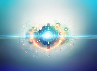Poster - Abstract sci-fi double exposure image. Glowing central mechanism with gears and light streaks against a soft blue background.  Intricate details suggest technological advancement and futuristic design