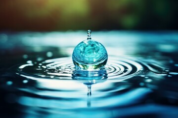 Poster - Close up of transparent water droplet creating ripples and splash on blue water surface, concept of purity, nature, and freshness