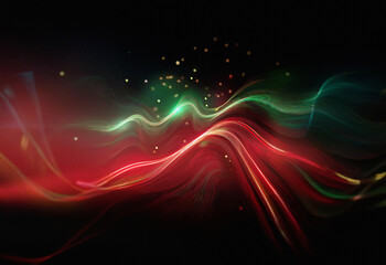 Poster - Abstract sci-fi background featuring a double exposure effect.  Swirling red and green light waves create a dynamic, otherworldly landscape.  Specks of light add depth.