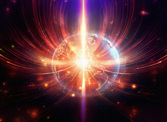 Poster - Abstract sci-fi double exposure artwork. Glowing earth at the center, radiating energy lines in red and purple hues against a dark background.  Cosmic, futuristic feel.