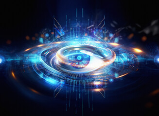 Fototapete - Abstract sci-fi double exposure image depicting a glowing eye at the center of a swirling technological background.  Intricate circuitry and bright light effects create a futuristic, surreal atmospher