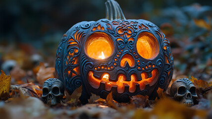 beautifully carved pumpkin with skull design, glowing warmly fall setting. Surrounded by autumn leaves and small skulls, it evokes spooky