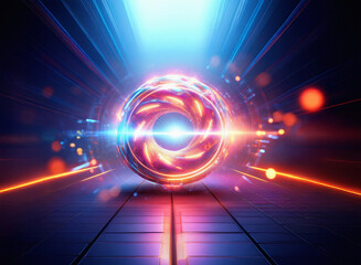 Aufkleber - Abstract sci-fi double exposure image. Glowing orb with vibrant energy pulses, set against a dark, futuristic background.  Bright streaks of light radiate outwards.