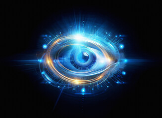 Leinwandbilder - Abstract sci-fi double exposure image of a glowing blue eye, encircled by futuristic, swirling energy against a black background.