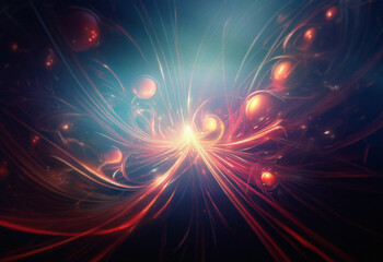 Poster - Abstract sci-fi background featuring a double exposure effect.  Intricate, glowing lines radiate from a central point, interspersed with luminous orbs, creating a vibrant and dynamic cosmic scene.