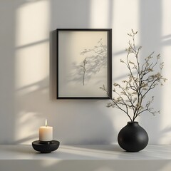Fototapete - Minimalist mock up frame resting a clean white wall with subtle decor elements such as a single candle and small planter 3D render of an elegant and serene home interior