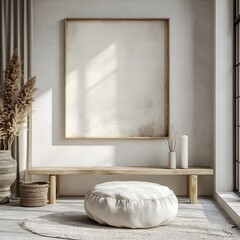 Poster - Minimalist mock up frame resting a clean white wall with subtle decor elements such as a single candle and small planter 3D render of an elegant and serene home interior
