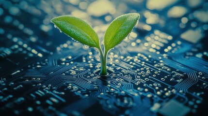 Seedling growing on circuit board, symbolizing innovation in technology, eco-friendly solutions, sustainability, and digital transformation in agriculture and tech.