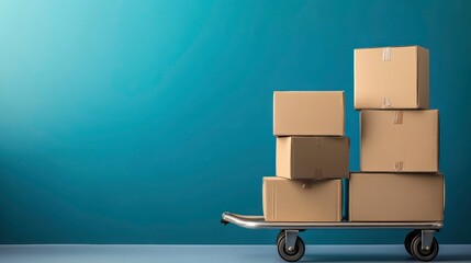 Poster - Stacked cardboard boxes on a hand truck against a teal wall.