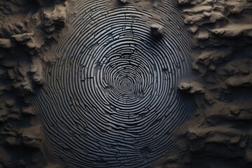 Poster - Concentric circular cracked stone surface creating a spiral pattern resembling a fingerprint, surrounded by rough rocky terrain