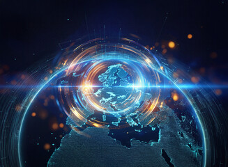 Aufkleber - Abstract sci-fi double exposure image featuring a digitally rendered planet Earth encircled by glowing rings against a dark background.  The effect evokes a sense of futuristic technology and cosmic e