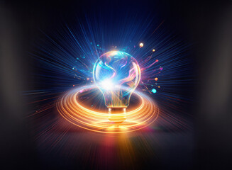 Poster - Abstract sci-fi double exposure image of a glowing lightbulb, encircled by vibrant energy bursts and swirling light trails against a dark background.