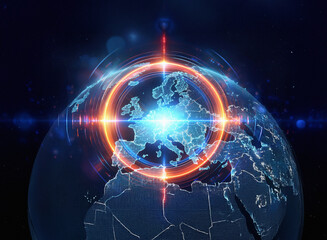 Poster - Abstract sci-fi double exposure image depicting a glowing Earth with a target centered on Europe against a dark background.  The effect is futuristic and dynamic.