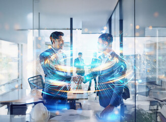 Poster - Abstract double exposure image. Sci-fi style background depicts two businessmen shaking hands, surrounded by glowing technological elements.  A meeting in progress is subtly visible in the background.