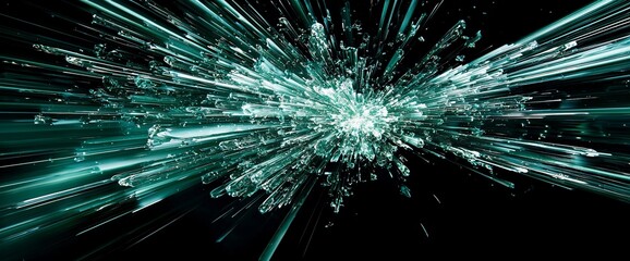 Poster - Teal crystal explosion radiating outwards in dark space.