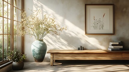 Poster - Mock up frame close up minimal decor in a cozy home interior Textured wall backdrop with simple items like a ceramic vase and a few books 3D render emphasizes calm and balance