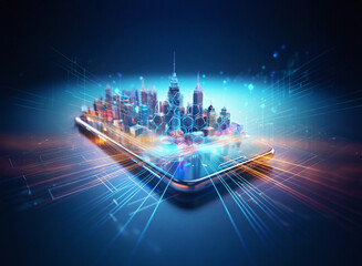 Poster - Abstract sci-fi cityscape emerges from a smartphone screen in a double exposure effect.  The background glows with futuristic energy.