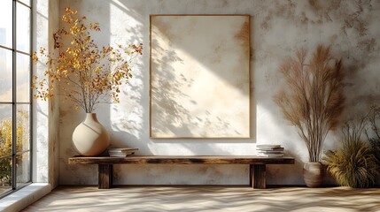 Poster - Mock up frame close up minimal decor in a cozy home interior Textured wall backdrop with simple items like a ceramic vase and a few books 3D render emphasizes calm and balance