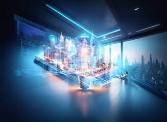 Poster - Abstract sci-fi double exposure image depicting a futuristic cityscape projected onto a smartphone, set against a modern building background.