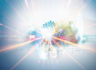 Poster - Abstract sci-fi double exposure background image featuring vibrant light rays,  interconnected gears, and a futuristic, ethereal aesthetic.