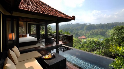 Canvas Print - Luxury villa with infinity pool overlooking lush valley.