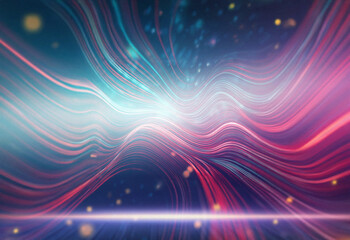 Poster - Abstract sci-fi background featuring a double exposure effect.  Wavy, colorful lines radiate from a central light source, creating a dynamic and futuristic feel.  Glowing particles add depth.