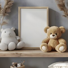 Poster - Mock up frame a white border close up sitting on a wooden shelf in a minimalist childrens room Soft textures and natural wooden furniture bring warmth to this tranquil 3D render