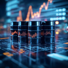 Aufkleber - A close-up shot of oil barrels with financial graphs, showing market data and trends. The image symbolizes the link between the oil industry and financial markets, showcasing energy sector dynamics.