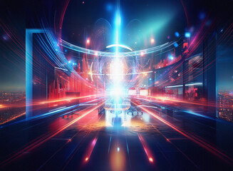 Poster - Abstract sci-fi cityscape at night, rendered in vibrant double exposure style.  Dynamic light trails and glowing energy converge at the center, creating a futuristic background.