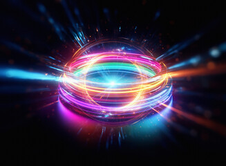 Poster - Vibrant, glowing rings of light encircle a central point, creating a dynamic, energy-filled sphere against a dark background.  The multicolored light streaks radiate outward, suggesting motion and pow