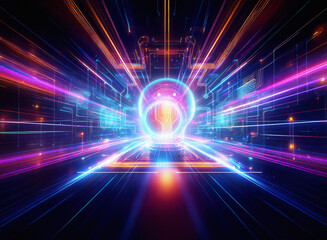 Poster - Abstract sci-fi double exposure artwork. Glowing neon lights streak across a dark background, creating a sense of futuristic speed and energy.  A central, glowing element adds a focal point to the com