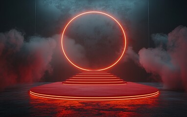 Aufkleber - Red neon circle and steps in smoky scene.