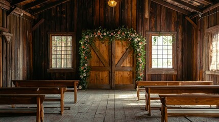 Wall Mural - A barn wedding ceremony with rustic wooden benches, floral archways, and natural light streaming in through barn doors.