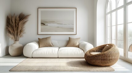 Fototapete - Mockup frame a bright white room Modern interior design with sleek contemporary furniture Clean lines and neutral tones dominate the 3D render creating an elegant minimalistic look