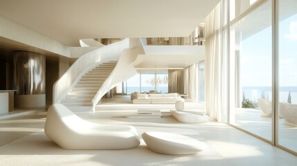 Poster - Luxurious modern home interior with spiral staircase, ocean view, and minimalist white furniture.