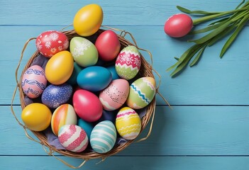 Vibrant Handmade Easter Eggs on Rustic Blue Background