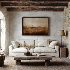 Poster - Mockup frame a rustic farmhouse living room interior Whitewashed walls and vintage furniture add charm 3D render shows soft lighting and cozy textures emphasizing the homey feel