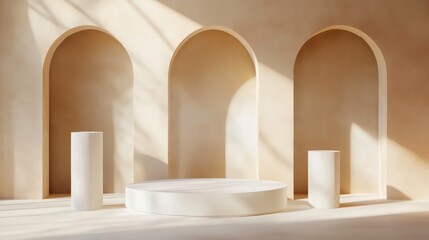 Poster - Minimalist beige room with three arched niches and two cylindrical and one circular white podiums.