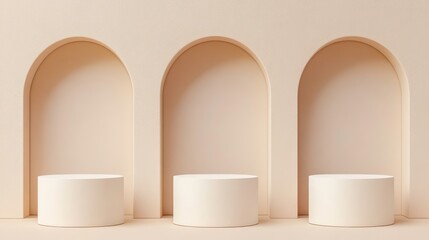 Aufkleber - Three cream-colored cylindrical podiums sit within three arched recesses against a pale beige wall.