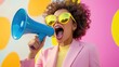 © felix_brönnimann - Woman shouting into a megaphone, wearing yellow sunglasses and a pink suit against a colorful backdrop. Vibrant fashion, marketing, and bold expressions concept.