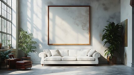 Poster - Mockup frame a sophisticated modern white room Stylish contemporary furniture creates a sense of balance and luxury with soft lighting adding warmth in this 3D render of clean aesthetics