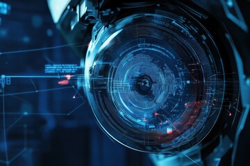 Poster - Futuristic robotic eye with digital interface and intricate design