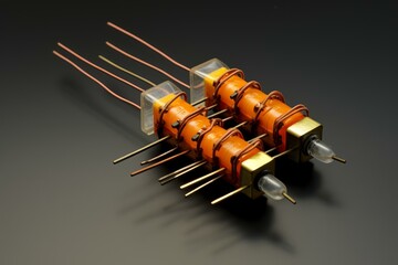 Poster - Two electronic components with orange resistors, copper wires, and brass pins are displayed on a dark background, highlighting intricate details and connections