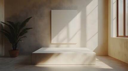 Fototapete - Mockup of white poster frame viewed from a slightly elevated angle against a light background showcasing the frames dimensions and inviting focus on the artwork within in this 3D render