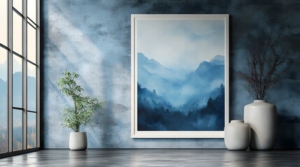 Poster - Mockup poster a white frame close up placed against a minimalist wall with subtle textures The soft lighting highlights the artwork and enhances the modern aesthetic in this detailed 3D render