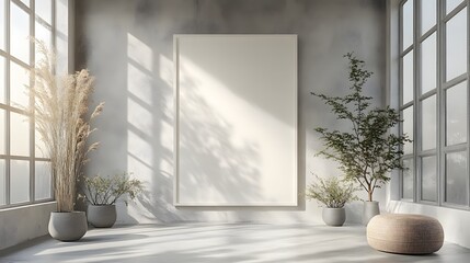 Poster - Mockup poster a white frame close up placed against a minimalist wall with subtle textures The soft lighting highlights the artwork and enhances the modern aesthetic in this detailed 3D render