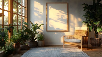 Poster - Mockup poster white frame close up featured a cozy reading nook The warm sunlight casts a gentle glow on the frame while surrounding decor adds a touch of charm in this inviting 3D render