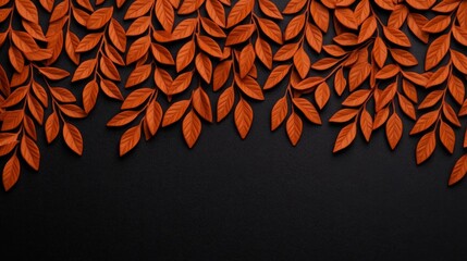 Wall Mural - Copper Leaf Border:  A border of intricate copper-colored leaves cascade down a dark background, creating a minimalist and elegant autumnal backdrop. 