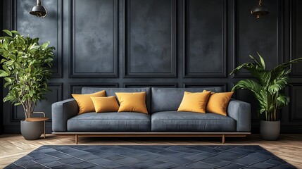 Fototapete - Modern dark living room interior a black empty wall mock up Sleek lines and geometric patterns enhance the space while decorative accents add character in this sophisticated 3D render